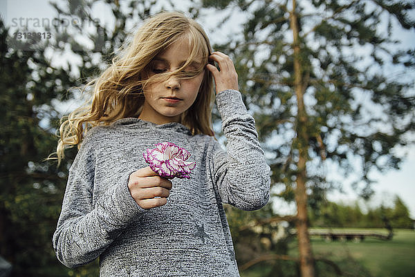 Niedrigwinkelansicht eines Mädchens  das eine Blume hält  während es auf dem Feld steht