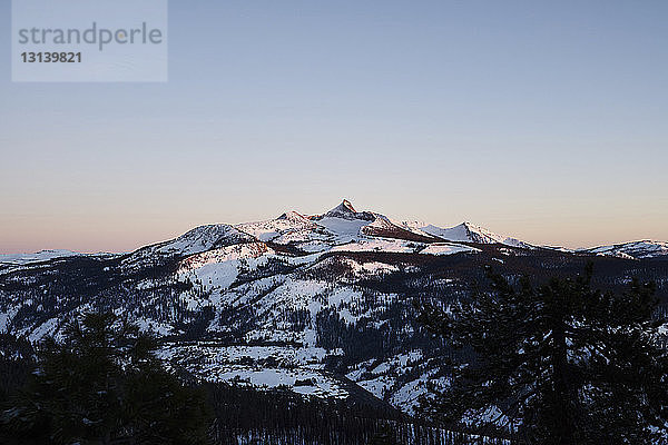 Panoramablick auf schneebedeckte Bäume auf einem Berg im Yosemite National Park bei Sonnenuntergang