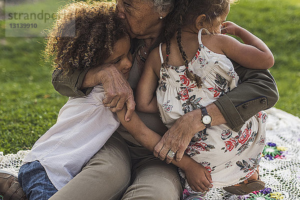 Großmutter umarmt Enkelkinder auf einer Picknickdecke im Park