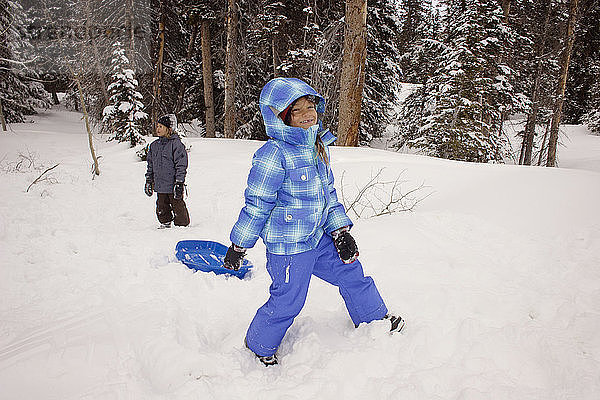 Glückliche Geschwister spielen auf schneebedecktem Feld gegen Bäume