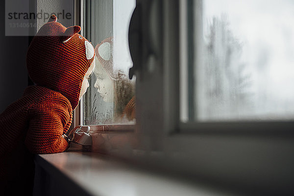 Seitenansicht eines Jungen  der zu Hause durch ein Fenster schaut