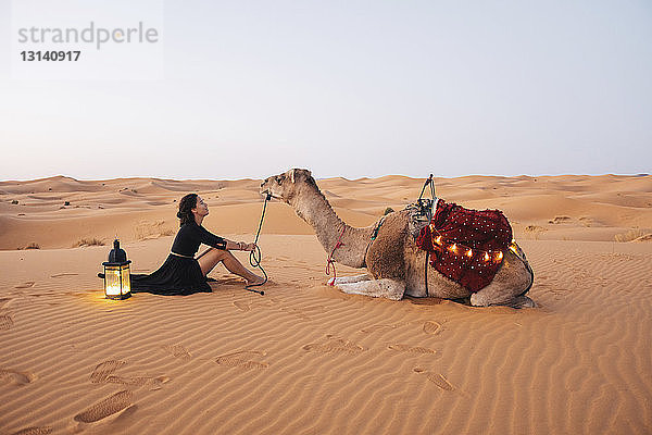 Seitenansicht einer Frau mit Kamel auf Sand sitzend in der Wüste Sahara vor klarem Himmel