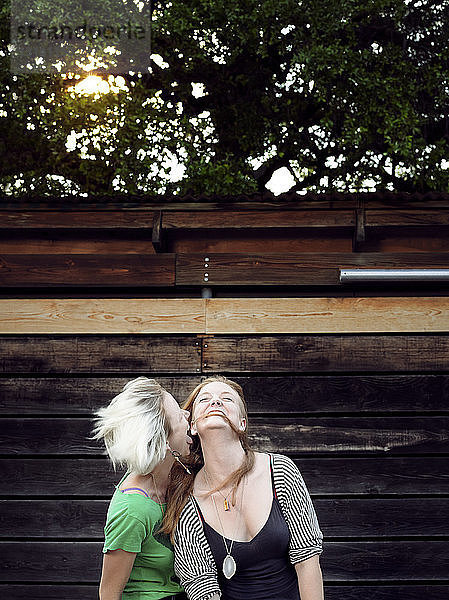 Glückliche Schwestern genießen an Holzwand