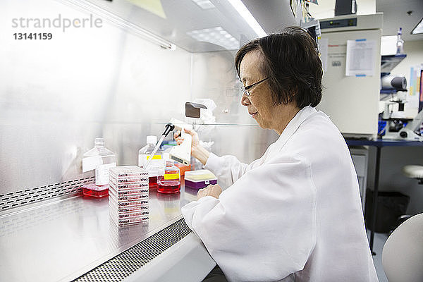 Seitenansicht einer leitenden Wissenschaftlerin mit einer Pipette während eines Experiments im Labor