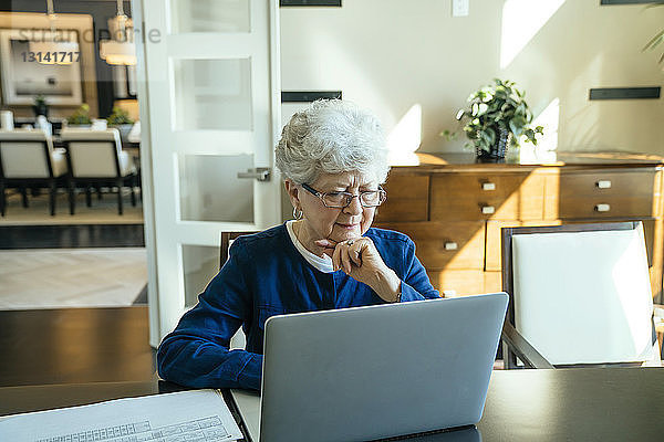 Seriöse ältere Frau  die zu Hause einen Laptop benutzt