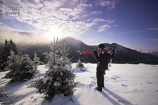 Rückansicht eines Skifahrers auf verschneitem Berg gegen den Himmel