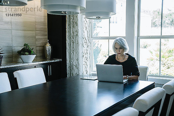Geschäftsfrau  die am Laptop arbeitet  während sie im Büro am Fenster sitzt