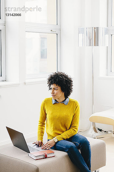 Geschäftsfrau benutzt Laptop-Computer  während sie im Büro sitzt