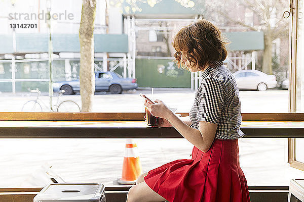 Seitenansicht einer Frau  die ein Smartphone benutzt  während sie im Cafe am Fenster sitzt