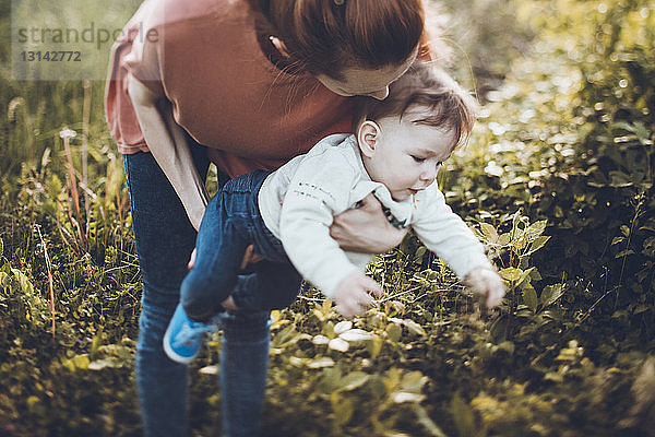 Mutter mit Sohn beim Pflücken von Pflanzen auf dem Feld