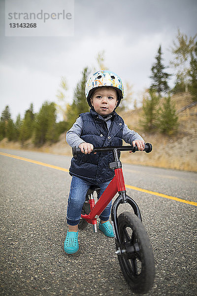 Süßer kleiner Junge fährt Fahrrad auf der Landstraße