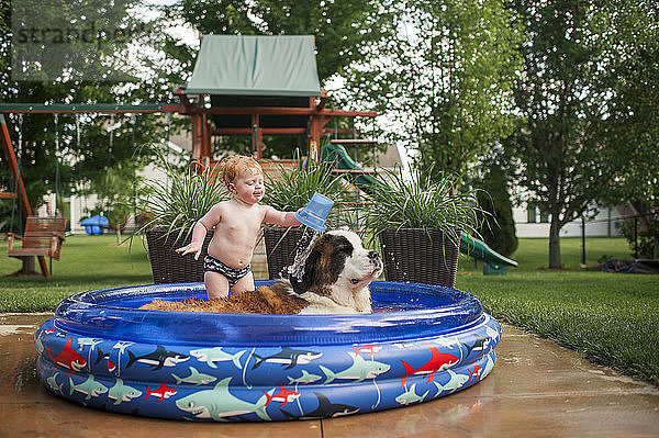 Kleiner Junge ohne Hemd gießt Wasser auf Hund  während er im Planschbecken im Hof steht