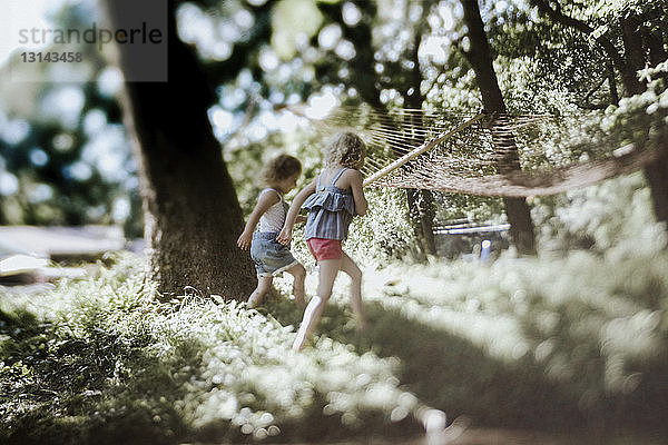 Sorgenfreie Schwestern spielen im Wald