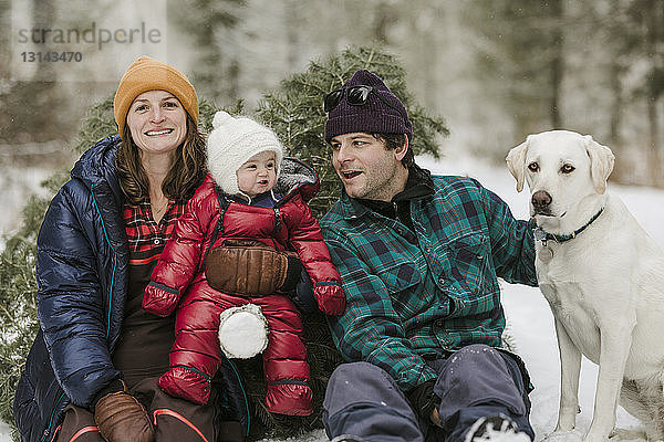 Eltern mit Tochter und Hund sitzen im Winter an einer Kiefer im Wald