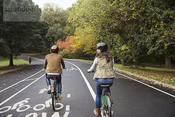Rückansicht eines glücklichen Paares beim Fahrradfahren auf einer Straße im Park