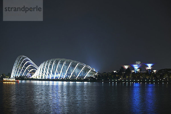 Blick vom Wasser auf den Supertree Grove und die Gärten an der Bucht bei Nacht  Singapur