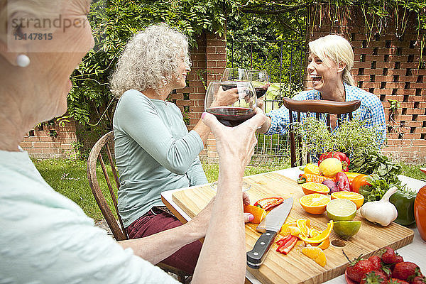 Frauen der dritten Generation erheben ein Glas Rotwein  während sie am Gartentisch Essen zubereiten