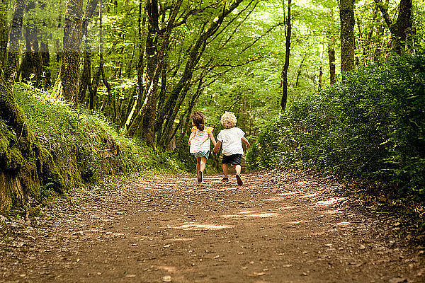 Zwei Kinder auf einem Waldweg