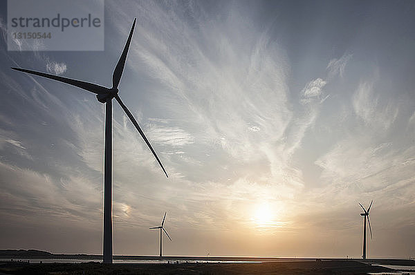 Sonnenuntergang mit Windkraftanlagen und dem Sturmflutwehr der Oosterschelde  das die Niederlande vor Überschwemmungen schützen soll. Neeltje Jans  Niederlande