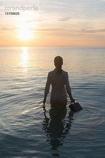 Geschäftsmann im Meer stehend  Rückansicht