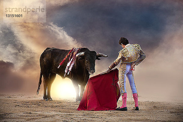 Stierkämpfer mit rotem Umhang und Stier  Stierkampfarena Las Ventas  Madrid
