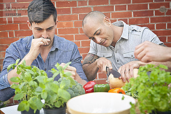 Männliche Freunde bereiten Essen mit Kräutern für ein Grillfest im Garten vor