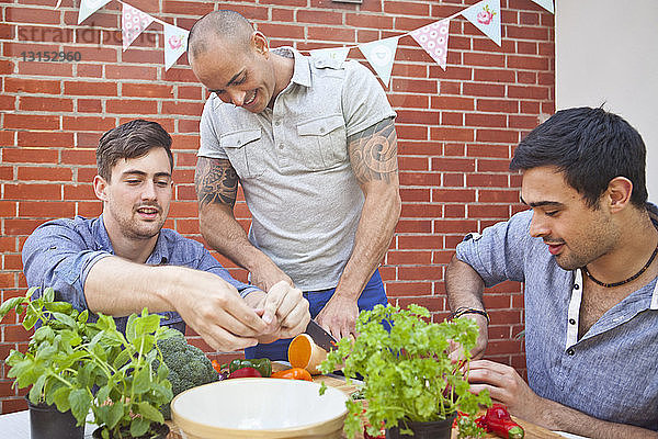 Drei männliche Freunde hacken und bereiten Lebensmittel für ein Grillfest im Garten vor