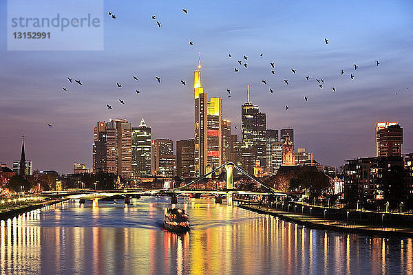 Main und Frankfurter Skyline in der Abenddämmerung  Frankfurt  Deutschland