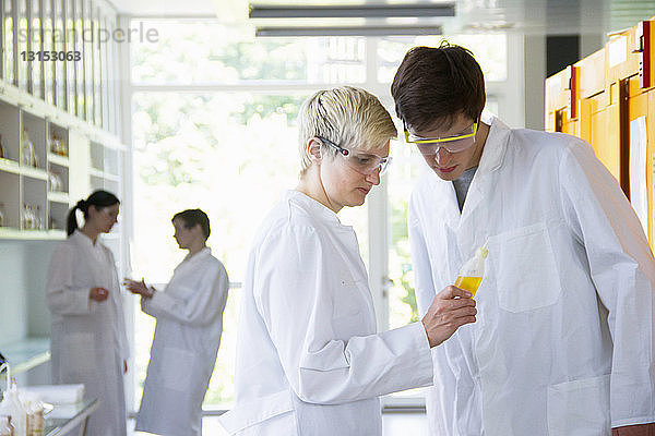 Chemiestudenten bei der Untersuchung einer Flüssigkeit im Labor
