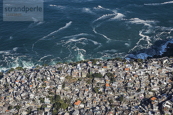 Luftaufnahme von Bäumen und überfüllter Favela  Vidigal  Rio De Janeiro  Brasilien