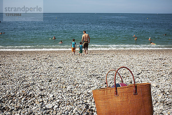 Rückansicht von Vater und zwei Söhnen am Strand  Normandie  Frankreich