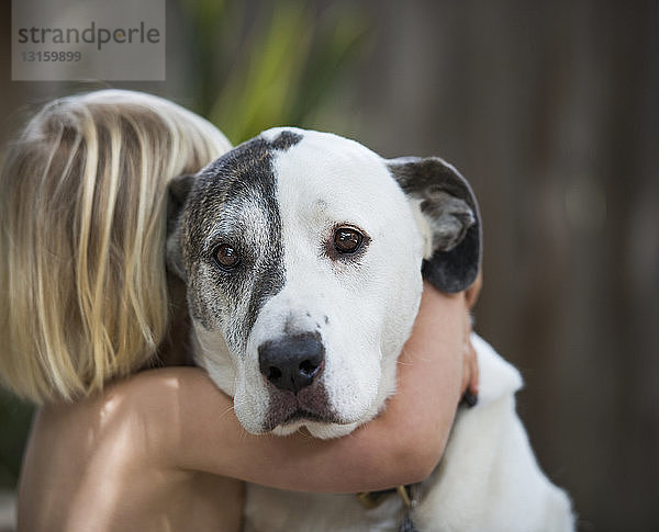 Porträt eines traurig aussehenden Hundes  der von einem dreijährigen Jungen umarmt wird
