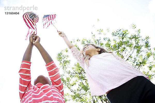 Mädchen halten amerikanische Flaggen im Park hoch