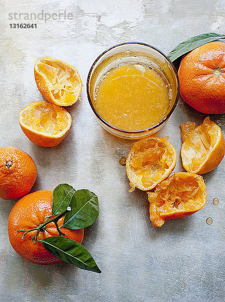 Stilleben von frisch gepressten Orangenfrüchten und Orangensaft