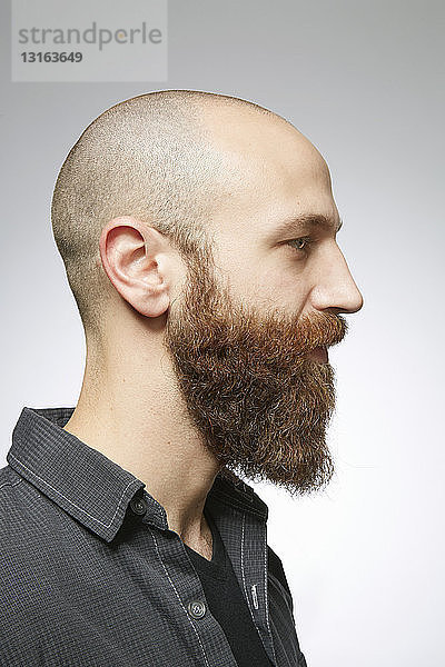 Studioprofil-Porträt eines mittelgroßen Mannes mit rasiertem Haar und bewachsenem Bart