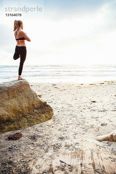 Mittlere erwachsene Frau  die Baum-Yoga-Pose auf Strandfelsen praktiziert