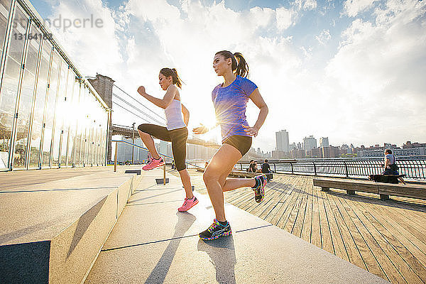 Zwei Freundinnen laufen am Flussufer eine Treppe hinauf  New York  USA