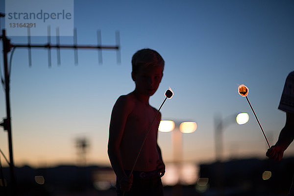 Silhouette von Teenager-Jungen  die schwelende Marshmallows auf Stöcken halten