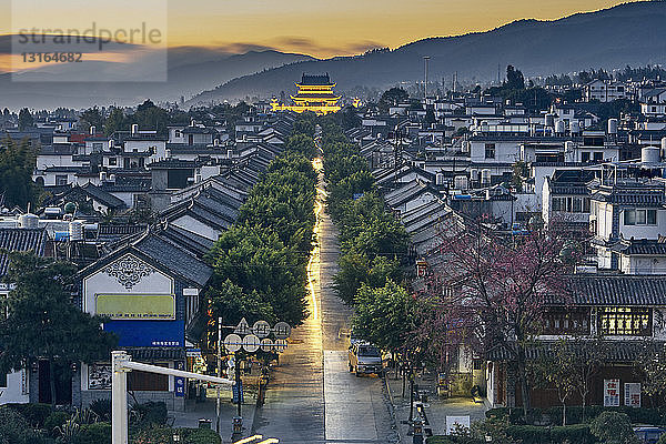 Abnehmende Perspektive einer von Bäumen gesäumten Straße und einer nachts beleuchteten Pagode  Dali  Yunnan  China