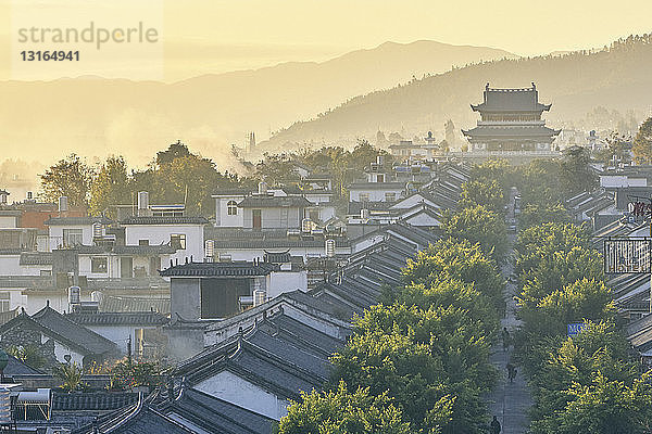 Hochwinkelansicht einer von Bäumen gesäumten Straße und Pagode  Dali  Yunnan  China