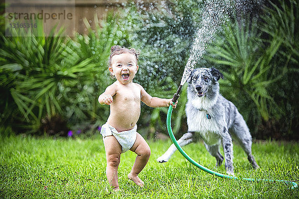 Kleinkind Mädchen hält Wasserschlauch  spielt mit Hund