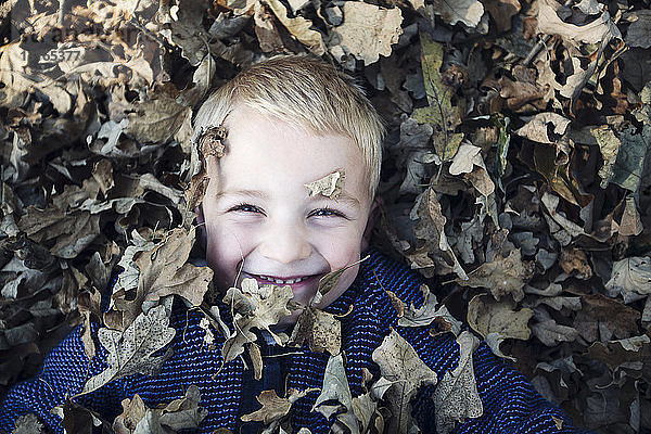 Draufsicht auf einen mit Herbstlaub bedeckten Jungen  der lächelnd in die Kamera schaut