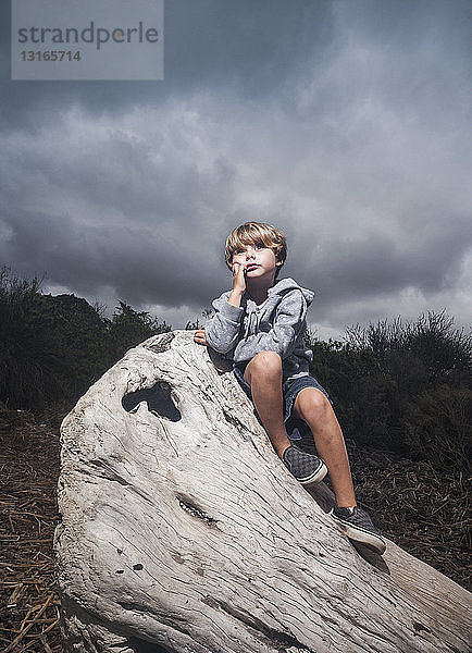 Junge sitzt auf Baumstumpf gegen stürmischen Himmel