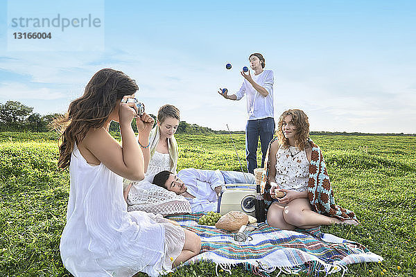 Gruppe junger erwachsener Freunde bei einem Picknick auf dem Feld