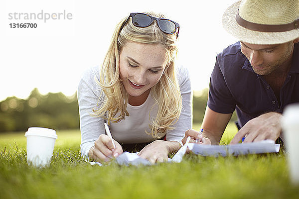 Paar liegt im Park und schreibt auf Papier