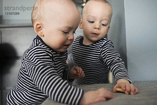 Kleine Zwillingsbrüder spielen mit Keksen im Wohnzimmer