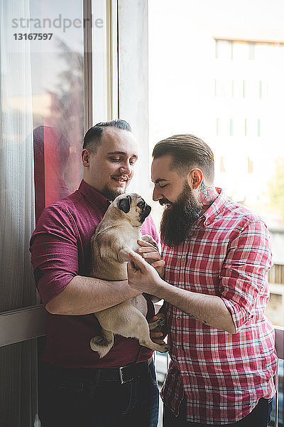 Schwules Paar mit Hund am Fenster