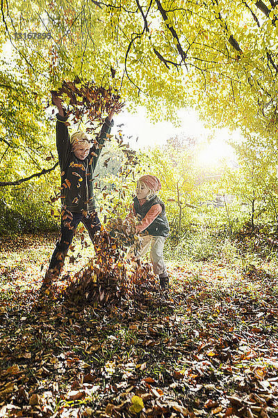 Kinder beim Spielen  Arme heben  Herbstblätter werfen