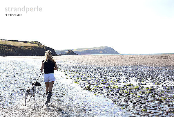 Frau geht mit Hund am Strand spazieren  Wales  UK
