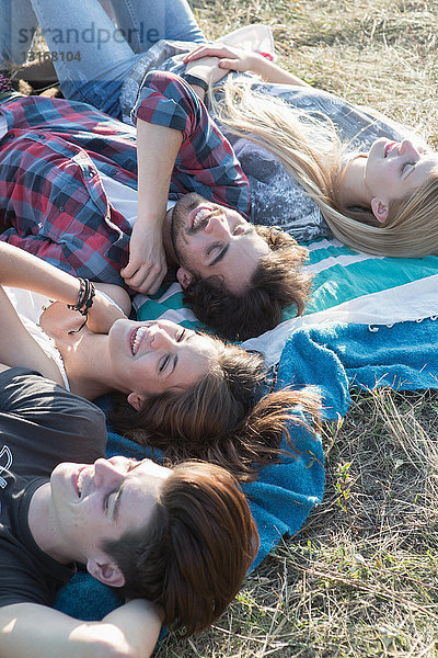 Vier Freunde liegen auf einer Decke